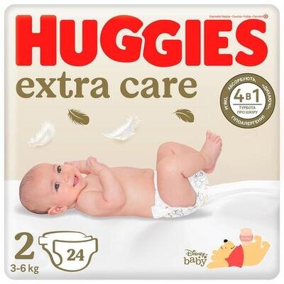 Підгузки Huggies Extra Care дитячі, розмір 2, 3-6 кг, 24 шт