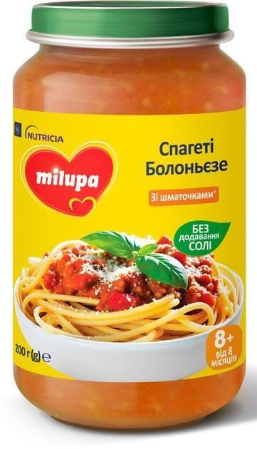 Пюре м'ясо-овочеве Milupa Спагетті Болоньєзе з макаронами та яловичиною для дітей з 8 місяців, 200 г