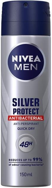 Дезодорант-антиперспірант спрей Nivea Men Silver Protect Antibacterial Срібний захист антибактеріальний 48h (82959), 150 мл