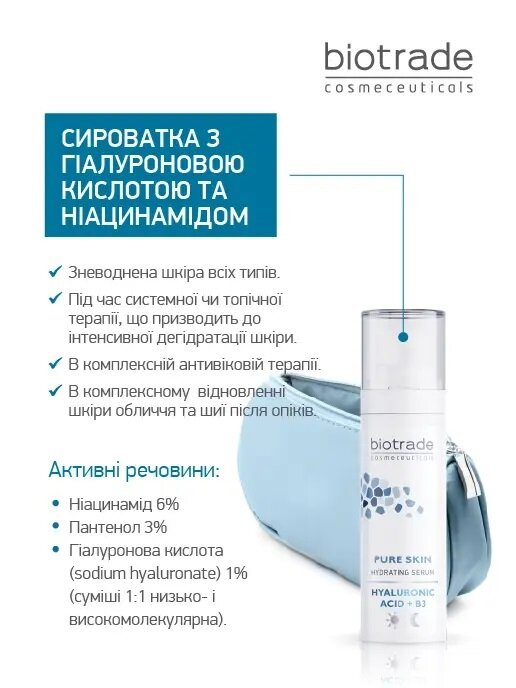 Сироватка для обличчя Biotrade Pure Skin з гіалуроновою кислотою та ніацинамідом для інтенсивного зволоження шкіри, 30 мл