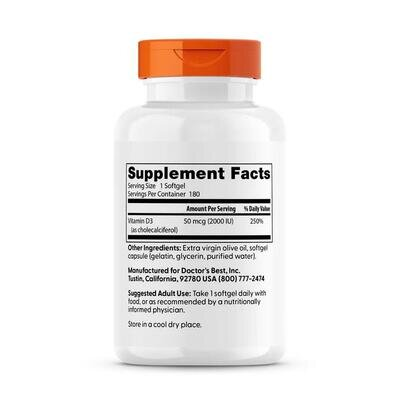 Вітамін D3 2000IU Doctor's Best Vitamin D3, 180 желатинових капсул