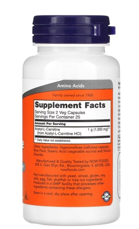 Ацетил-L Карнітін NOW Acetyl-L-Carnitine 500 мг вег. капсули №50