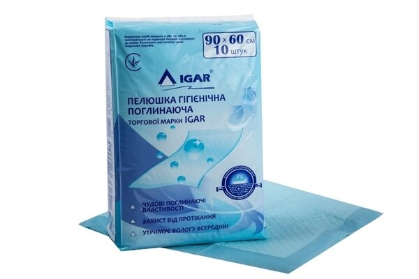 Пелюшки IGAR одноразові поглинаючі 90 x 60 см, 10 шт