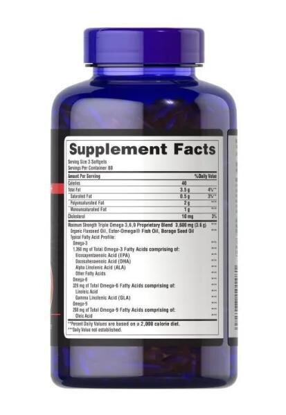 Омега 3-6-9 Puritan's Pride Omega 3-6-9 Triple Maximum Strength 1200 мг, 240 гелевих капсул