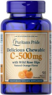 Вітамін С з шипшиною Puritan's Pride Vitamin C with Rose Hips 500 мг смак апельсину, 90 жувальних таблеток