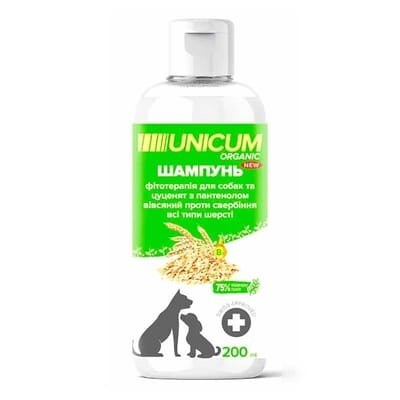 Шампунь Unicum Organic UN-084 вівсяний з пантенолом проти свербіння для собак та цуценят всіх порід, 200 мл