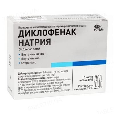 Диклофенак натрію розчин д/ін. 2.5 % по 3 мл №10 (5х2) в амп.