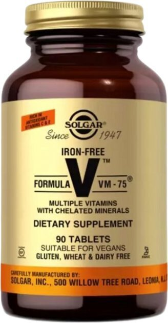 Мультивітаміни і хелатні форми мінералів Solgar Iron-Free Formula VM-75 без заліза таблетки №90
