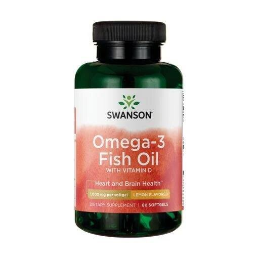 Риб'ячий жир з омега-3 Swanson Omega-3 Fish Oil 1000 мг + D3 25 мкг смак лимона, 60 гелевих капсул