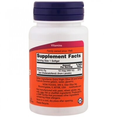 Вітамін Д-3 NOW Vitamin D-3 400 MО м'які капсули №180