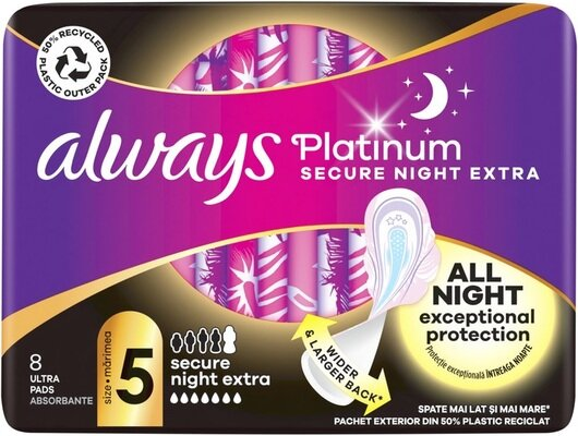 Прокладки гігієнічні Always Platinum Secure Night Extra, 7 крапель, 5 розмір, 8 шт