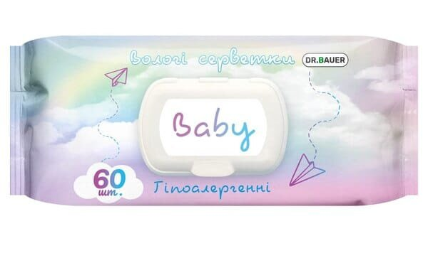 Серветки вологі Dr. Bauer baby гіпоалергенні без запаху, з клапаном, 60 шт