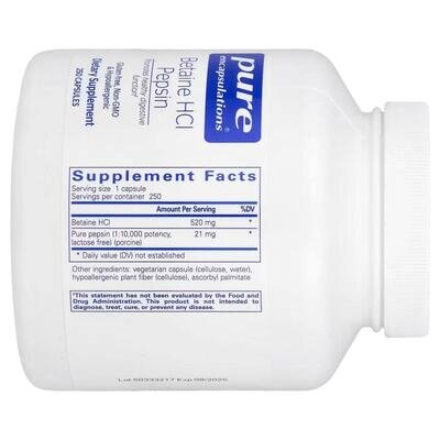 Бетаїну гідрохлорид + пепсин Pure Encapsulations Betaine HCL + Pepsin, 250 капсул