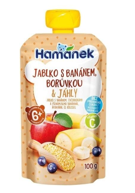 Пюре фруктове Hame Hamanek Яблуко, банан та чорниця з пшоном, 100 г