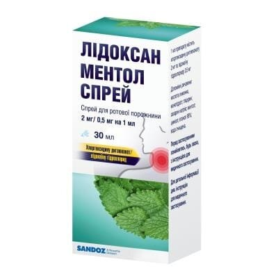 Лідоксан ментол спрей спрей д/рот. порож. 2 мг/0.5 мг/1 мл по 30 мл у флак.
