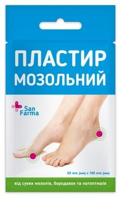 Пластир мозольний San Farma від мозолів, бородавок, натоптишів 60 мм х 100 мм, 1 штука