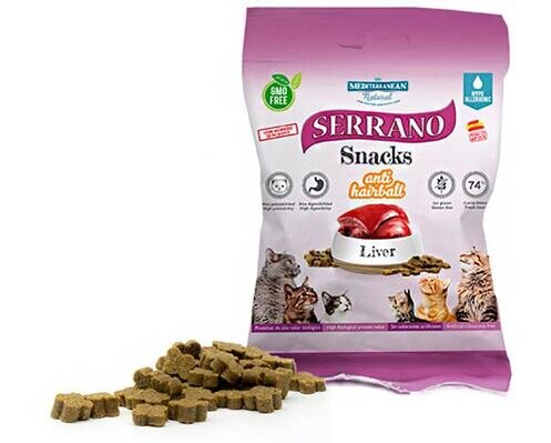 Ласощі для котів Mediterranean Natural Serrano Snacks з функцією виведення грудочок шерсті з лівером, 50 г