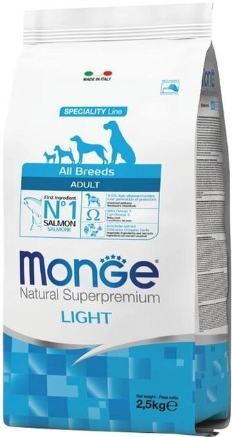 Корм сухий Monge Dog All Breeds Adult Light для собак усіх порід, лосось із рисом, 2,5 кг