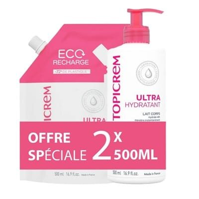 Набір Topicrem Ultra Hydratant (Ультра зволожуюча емульсія для тіла + Ультра зволожуюча емульсія для тіла змінний блок), 2 шт х 500 мл