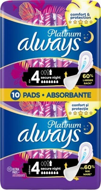 Прокладки гігієнічні Always Platinum Secure Night, 6 крапель, 4 розмір, 10 шт
