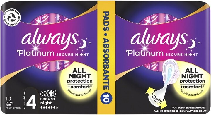 Прокладки гігієнічні Always Platinum Secure Night, 6 крапель, 4 розмір, 10 шт
