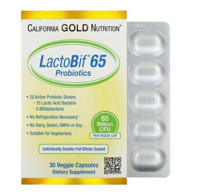 Пробіотики California Gold Nutrition LactoBif Probiotics 65 Billion, 30 веганських капсул
