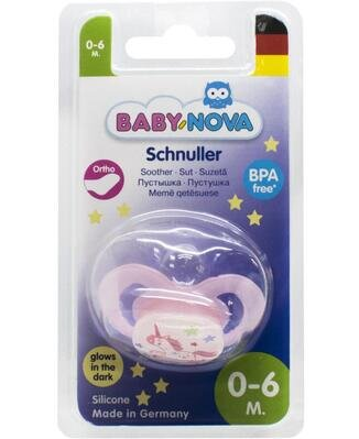 Пустушка силіконова Baby-Nova 24222-3 ортодонтична нічна, розмір 1, рожева 0-6 місяців, 1 шт