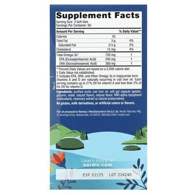 Риб'ячий жир з печінки тріски Nordic Naturals Arctic Cod Liver Oil 1000 мг, лимон, 180 капсул
