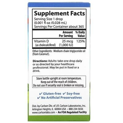 Вітамін D3 Carlson Labs Super Daily Vitamin D3 1000 МО, 10.3 мл