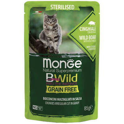 Корм вологий Monge BWild Grain Free Sterilized Adult Cat для стерилізованих котів з диким кабанем (шматочки в соусі), 85 г