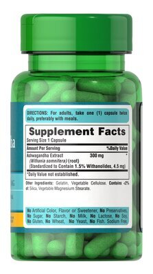 Екстракт Ашваганди Puritan's Pride Ashwagandha Standardized Extract 300 мг, 50 капсул