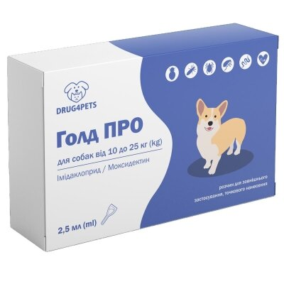 Голд ПРО DRUG4PETS краплі від бліх, кліщів та глистів для собак вагою 10-25 кг, 1 піпетка по 2,5 мл