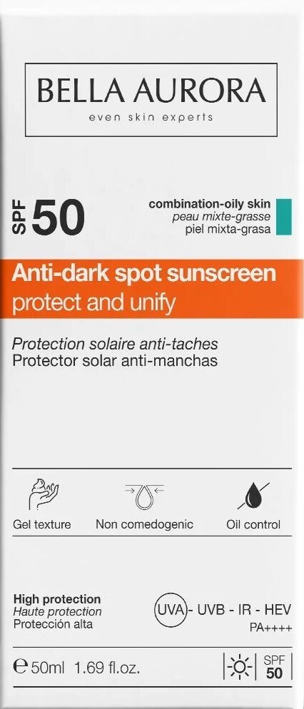 Гель-крем сонцезахисний Bella Aurora SPF50 від пігментних плям для комбінованої та жирної шкіри, 50 мл