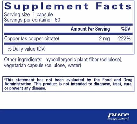 Мідь (цитрат) Pure Encapsulations Copper (citrate), 60 капсул