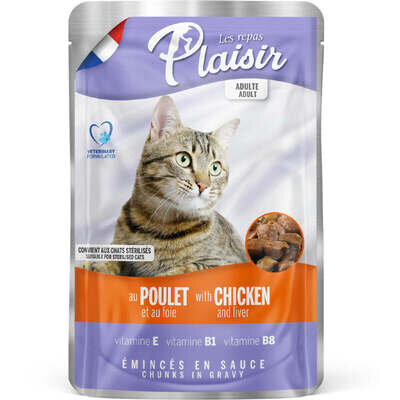 Корм вологий Plaisir Adult Sterilized Cat з куркою та печінкою для дорослих стерилізованих котів (шматочки в соусі), 100 г