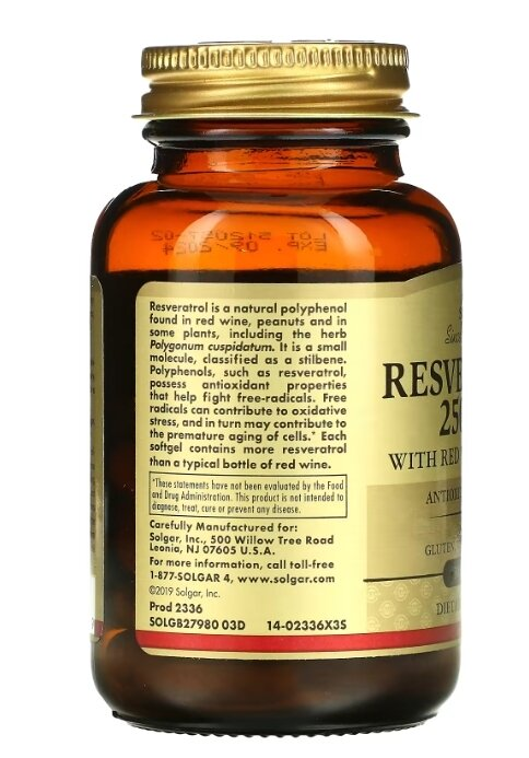 Ресвератрол Solgar Resveratrol 250 мг with Red Wine Extract м'які капсули №30