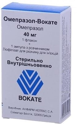 Омепразол-Вокате ліофілізат для р-ну д/ін. по 40 мг №1 у флак. з р-ком