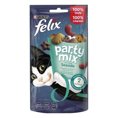 Ласощі для дорослих кішок Purina Felix Party Океанічний Мікс зі смаком лосося, форелі, 60 г