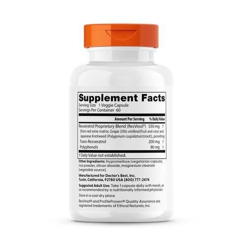 Транс-ресвератрол Doctor's Best Trans-Resveratrol 200 мг, 60 вегетаріанських капсул