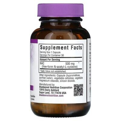 Аминокислота N-Ацетил-L-Цистеин 500 мг Bluebonnet Nutrition NAC, 30 гелевих капсул