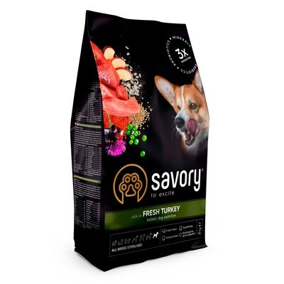 Корм сухий для стерилізованих собак усіх порід Savory 31508 зі ссвіжою індичкою, 3 кг