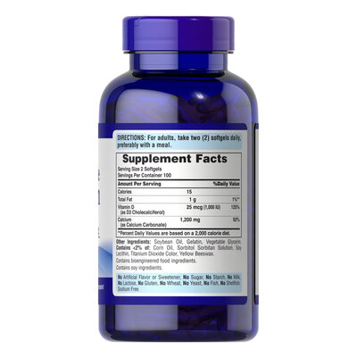 Кальцій з вітаміном Д3 Puritan's Pride Absorbable Calcium 1200 мг Plus Vitamin D3 25 мкг, 200 гелевих капсул