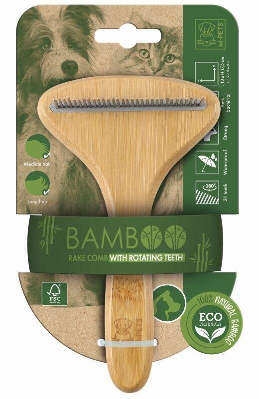 Гребінець M-Pets Bamboo Rake Comb with Rotating Teeth з зубцями, що обертаються, з бамбука для собак та котів, 31 зубчик