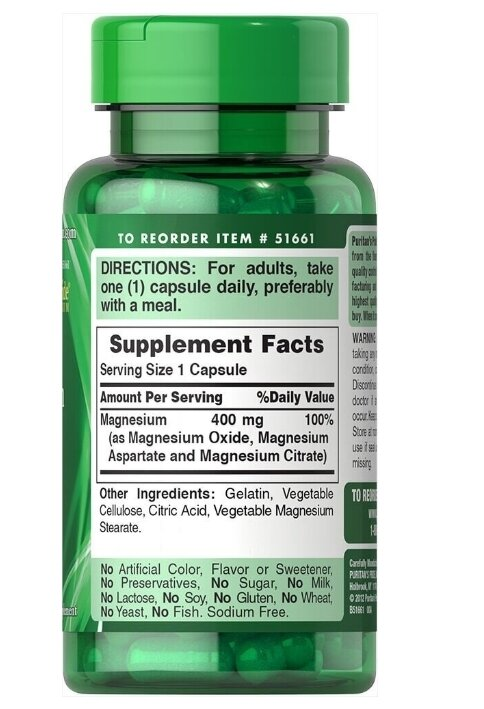 Магній потрійний комплекс Puritan's Pride Triple Magnesium Complex 400 мг, 60 капсул швидкого вивільнення