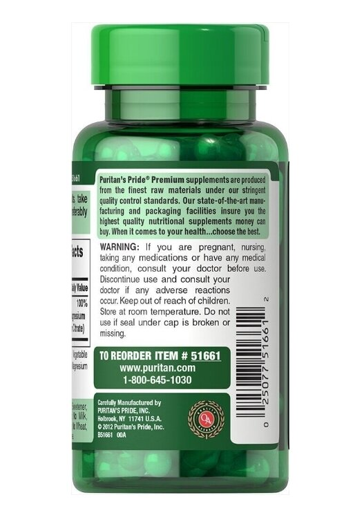 Магній потрійний комплекс Puritan's Pride Triple Magnesium Complex 400 мг, 60 капсул швидкого вивільнення