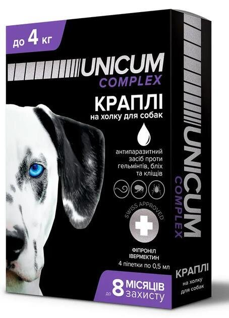 Краплі на холку Unicum Complex від бліх, кліщів і гельмінтів для собак вагою 0-4 кг, 1 піпетка