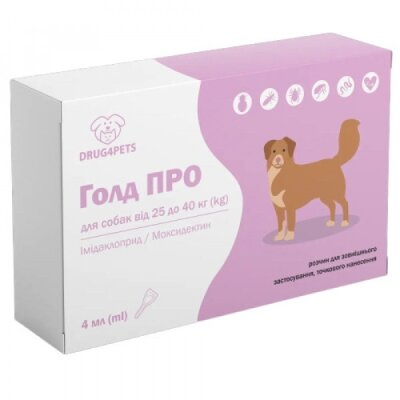 Голд ПРО DRUG4PETS краплі від бліх, кліщів та глистів для собак вагою 25-40 кг, 1 піпетка по 4 мл