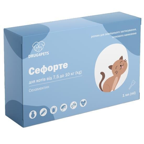 Сефорте DRUG4PETS краплі від бліх, кліщів та глистів для котів вагою 7,5 - 10 кг, 1 піпетка по 1 мл