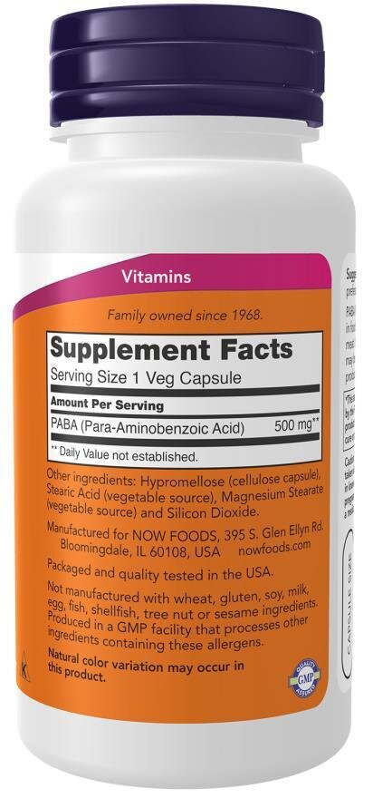 Пара-амінобензойна кислота (ПАБК) NOW PABA 500 мг вег. капсули №100