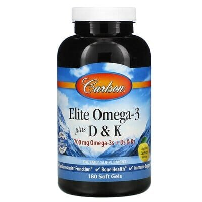 Омега 3 та вітамін Д3 + К Carlson Labs Omega-3 Plus D & K натуральний смак лимона, 180 м'яких таблеток